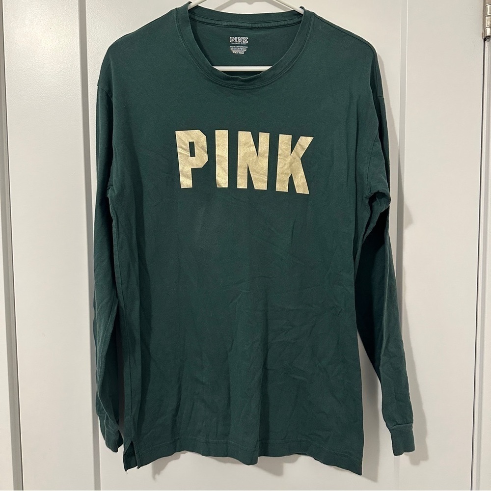 Victorias Secret PINK Green Gold Long Sleeve T-shirt Top Size XS Women’s